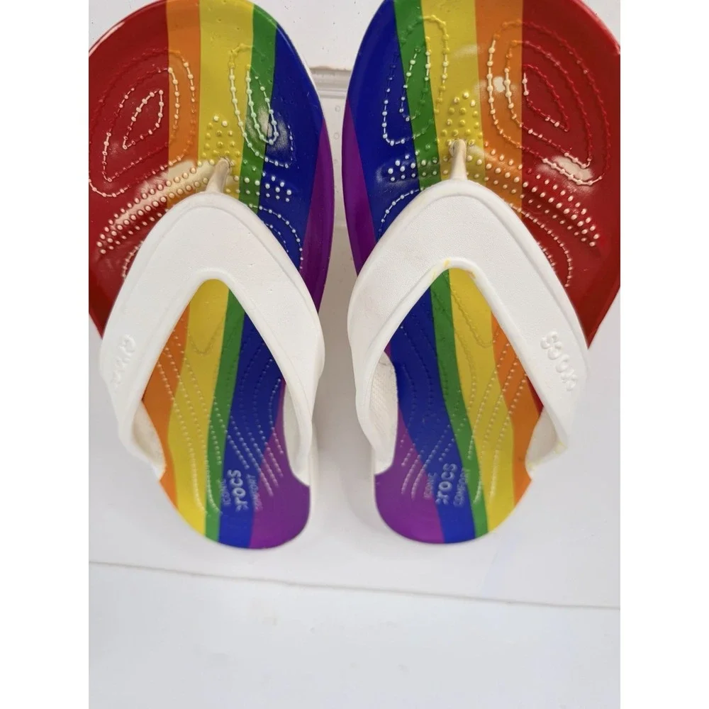 Crocs Iconic Comfort Rainbow Flip Flops White Men's Size 11 Pride‎ Sandals